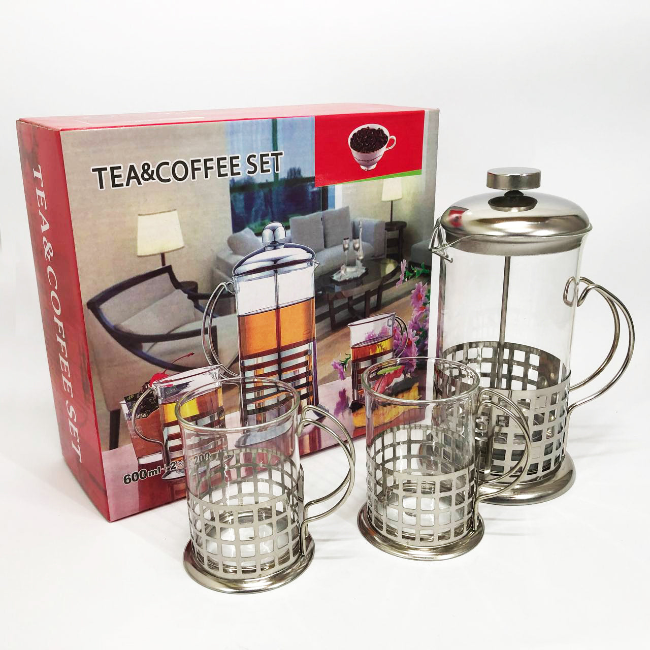 Пресс заварник из жаропрочного боросиликатного стекла UNIQUE UN-1155 0.6 л + 2 чашки Френч-пресс для кофе