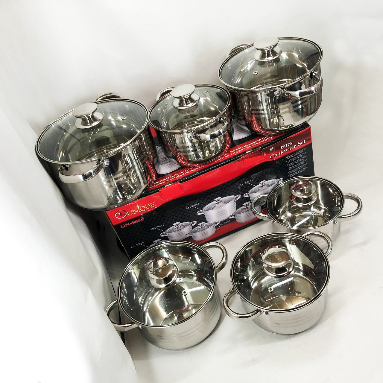 Набор кастрюль UNIQUE UN-5035 из нержавеющей стали с толстым дном в 5 слоев с крышками стеклянными 6 предметов