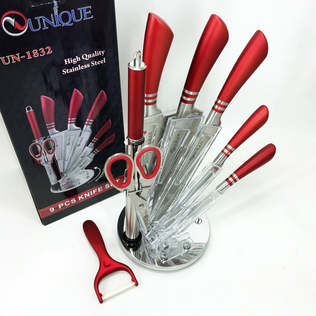 Набор ножей UNIQUE UN-1832 с подставкой 9 предметов овощечистка точилка ножницы Нержавеющая сталь