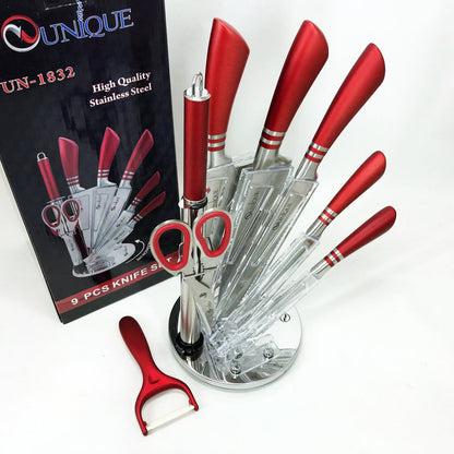 Набор ножей UNIQUE UN-1832 с подставкой 9 предметов овощечистка точилка ножницы Нержавеющая сталь
