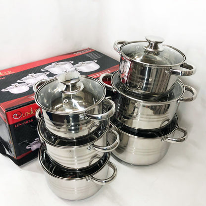 Набор кастрюль UNIQUE UN-5035 из нержавеющей стали с толстым дном в 5 слоев с крышками стеклянными 6 предметов