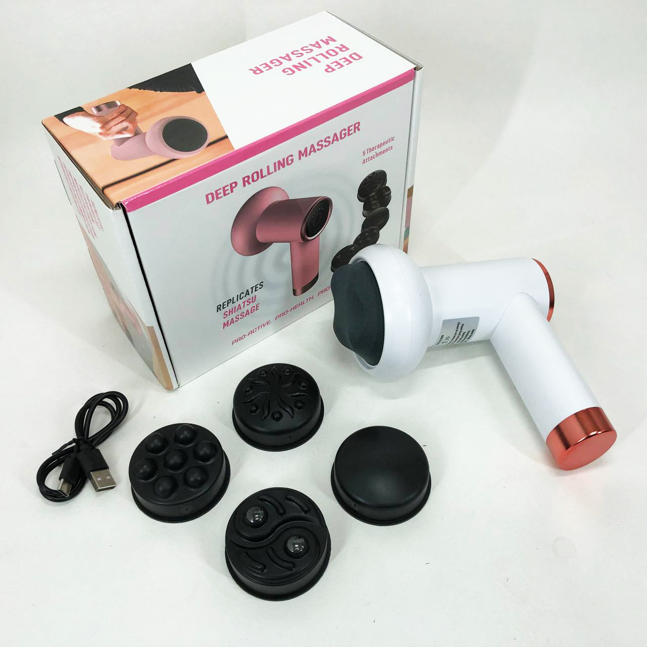 Массажер антицеллюлитный для тела рук и ног 4 насадки 6 скоростей Deep Rolling Massager. Цвет: белый