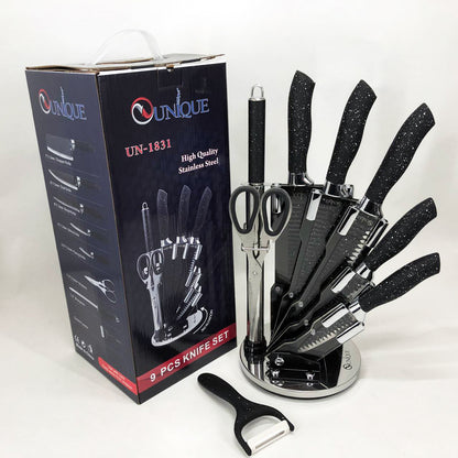 Набор ножей UNIQUE UN-1831, 9 предметов, с подставкой, нержавеющая сталь, с овощечисткой, черный