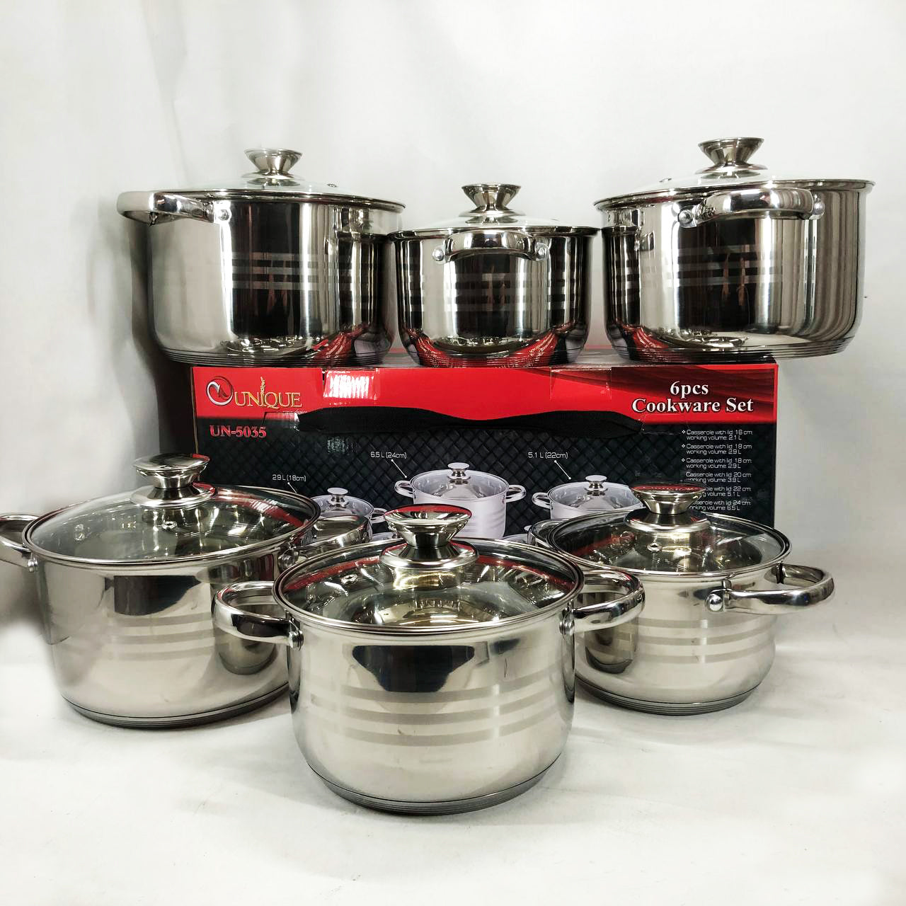 Набор кастрюль UNIQUE UN-5035 из нержавеющей стали с толстым дном в 5 слоев с крышками стеклянными 6 предметов
