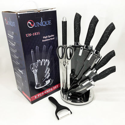 Набор ножей UNIQUE UN-1831, 9 предметов, с подставкой, нержавеющая сталь, с овощечисткой, черный