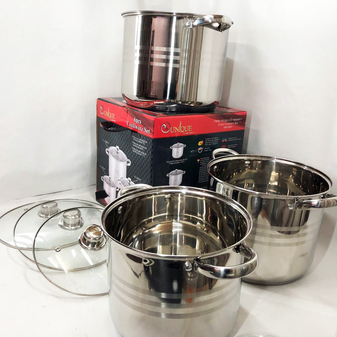 Набор больших кастрюль Unique UN-5041 из нержавеющей стали 5-ти слойным дном с крышками