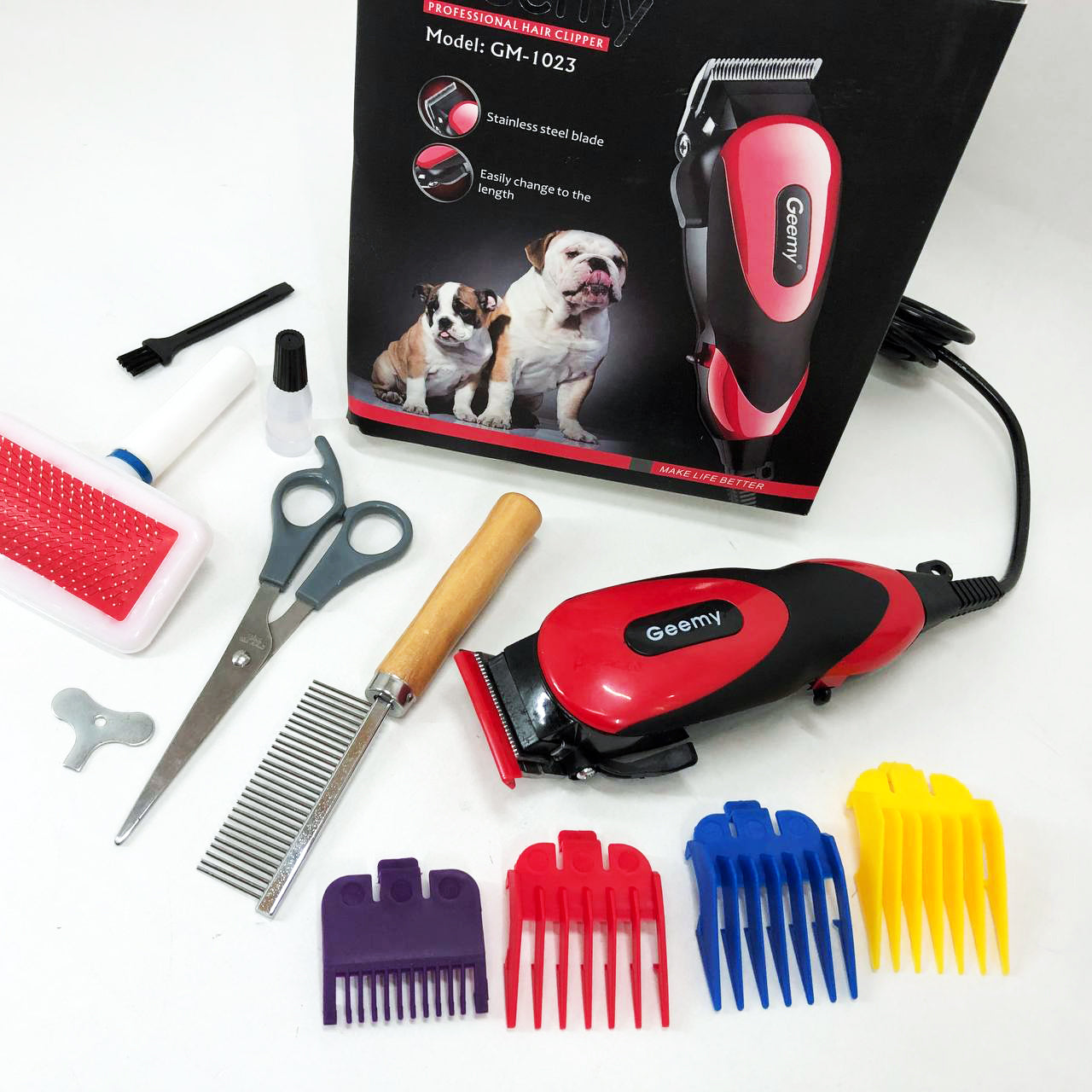 Машинка Gemei GM-1023 для стрижки животных с 4 насадками для любого типа шерсти + ножницы и расческа-гребешок
