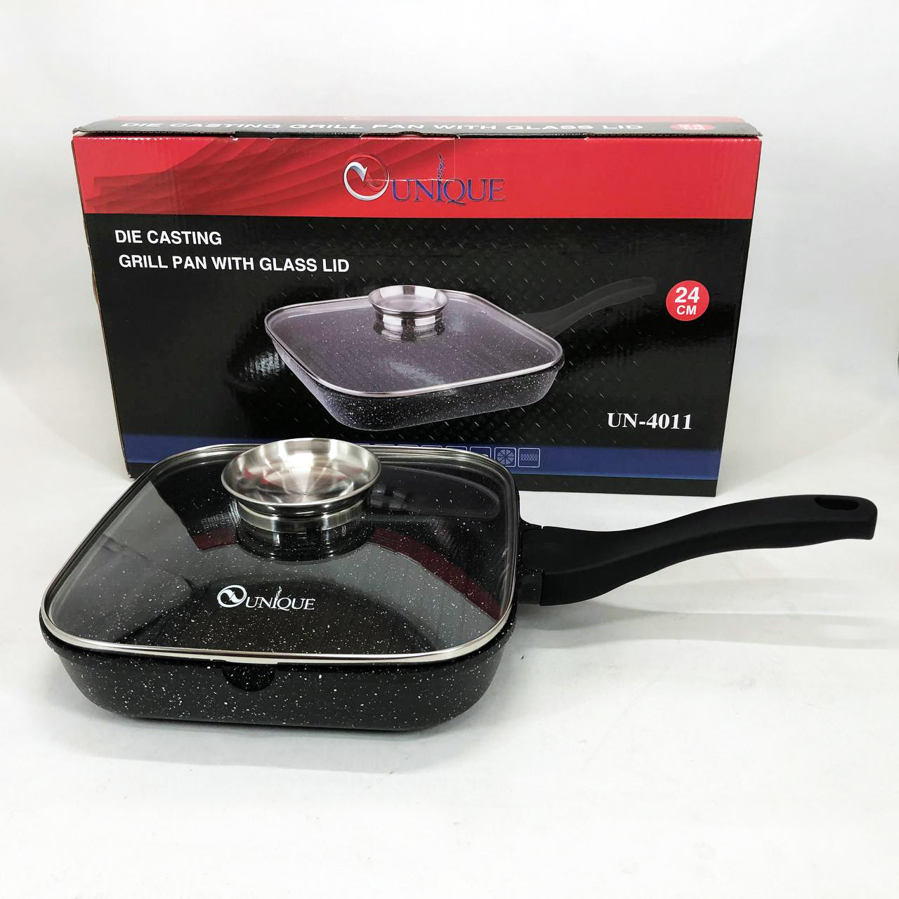 Сковорода-гриль Unique UN-4011 с крышкой 24 см, Сковорода для приготовления на плите с толстым дном