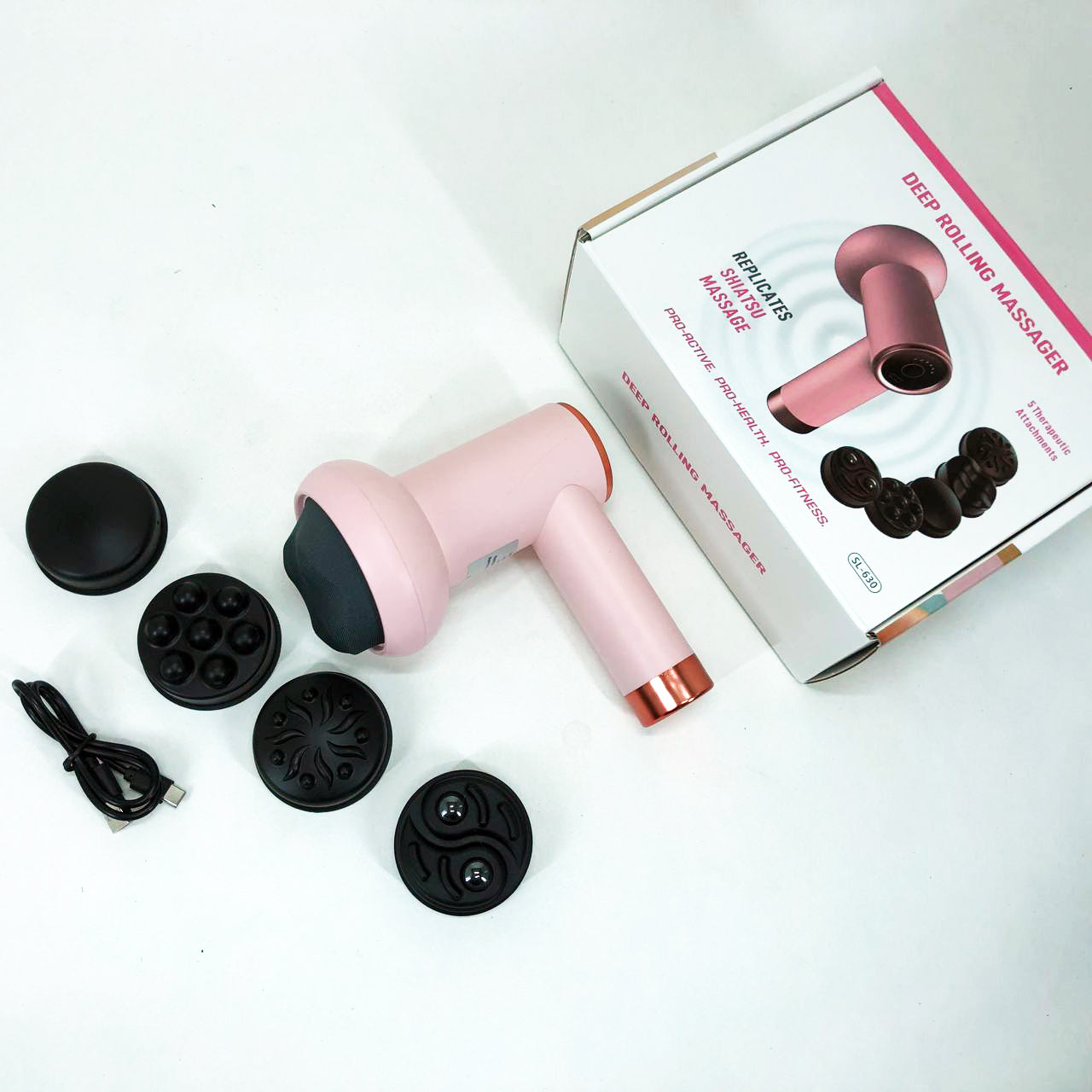 Массажер антицеллюлитный для тела рук и ног 4 насадки 6 скоростей Deep Rolling Massager. Цвет: розовый