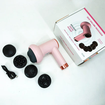 Массажер антицеллюлитный для тела рук и ног 4 насадки 6 скоростей Deep Rolling Massager. Цвет: розовый
