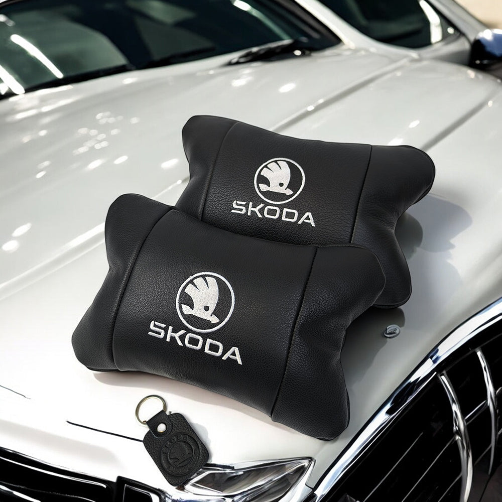 Автомобильные подушки 2 шт на подголовник Skoda / Вред, из натуральной кожи, стильный аксессуар для вашего авто