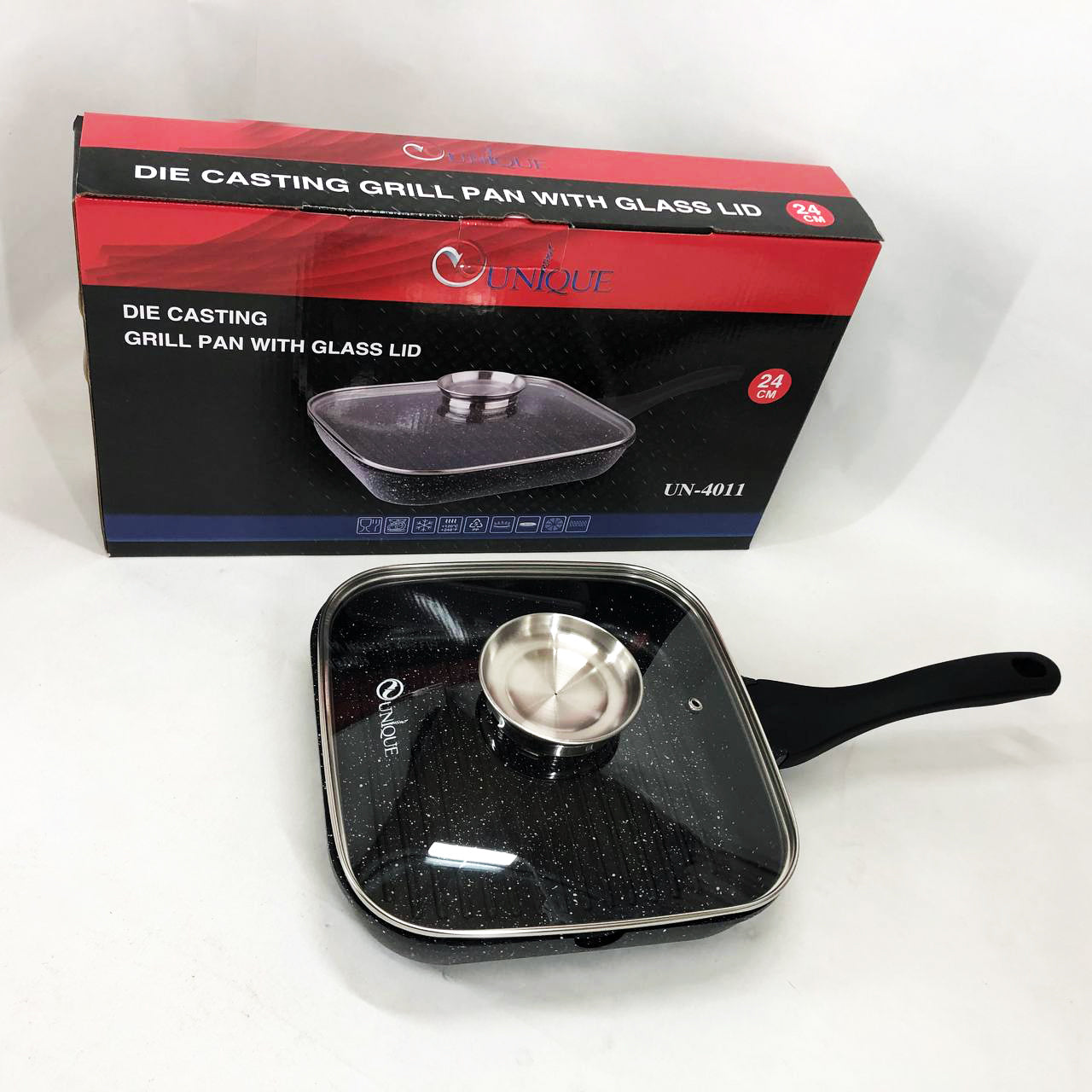 Сковорода-гриль Unique UN-4011 с крышкой 24 см, Сковорода для приготовления на плите с толстым дном