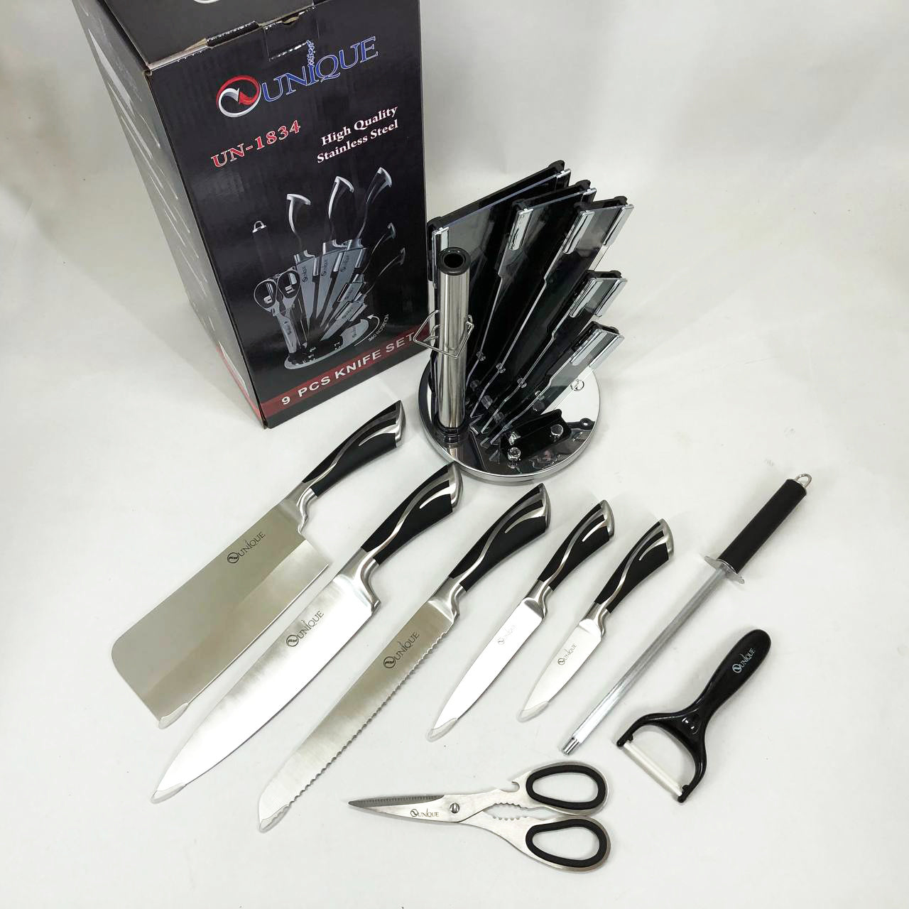 Набор ножей UNIQUE UN-1834 с вращающейся подставкой 9 предметов, Ножи кухонные из нержавеющей стали