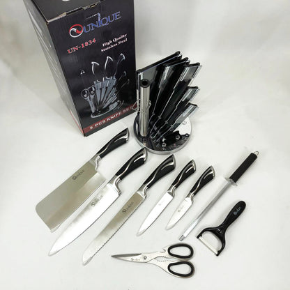 Набор ножей UNIQUE UN-1834 с вращающейся подставкой 9 предметов, Ножи кухонные из нержавеющей стали