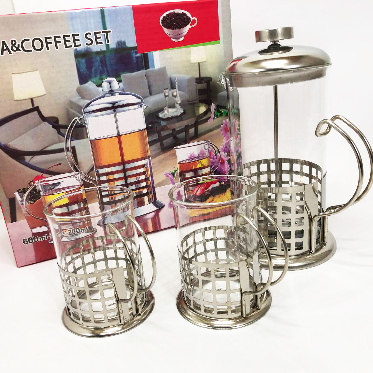 Пресс заварник из жаропрочного боросиликатного стекла UNIQUE UN-1155 0.6 л + 2 чашки Френч-пресс для кофе