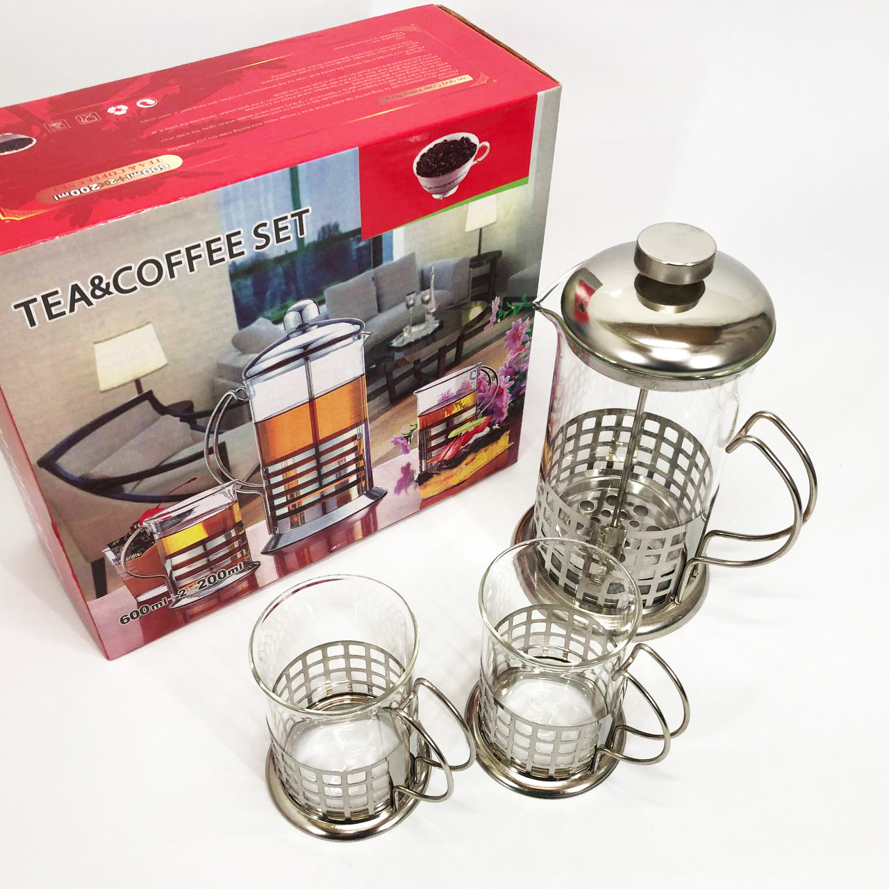 Пресс заварник из жаропрочного боросиликатного стекла UNIQUE UN-1155 0.6 л + 2 чашки Френч-пресс для кофе