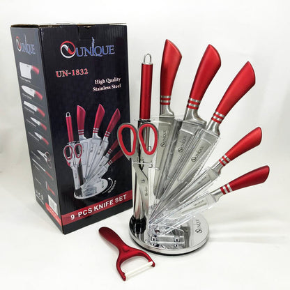 Набор ножей UNIQUE UN-1832 с подставкой 9 предметов овощечистка точилка ножницы Нержавеющая сталь