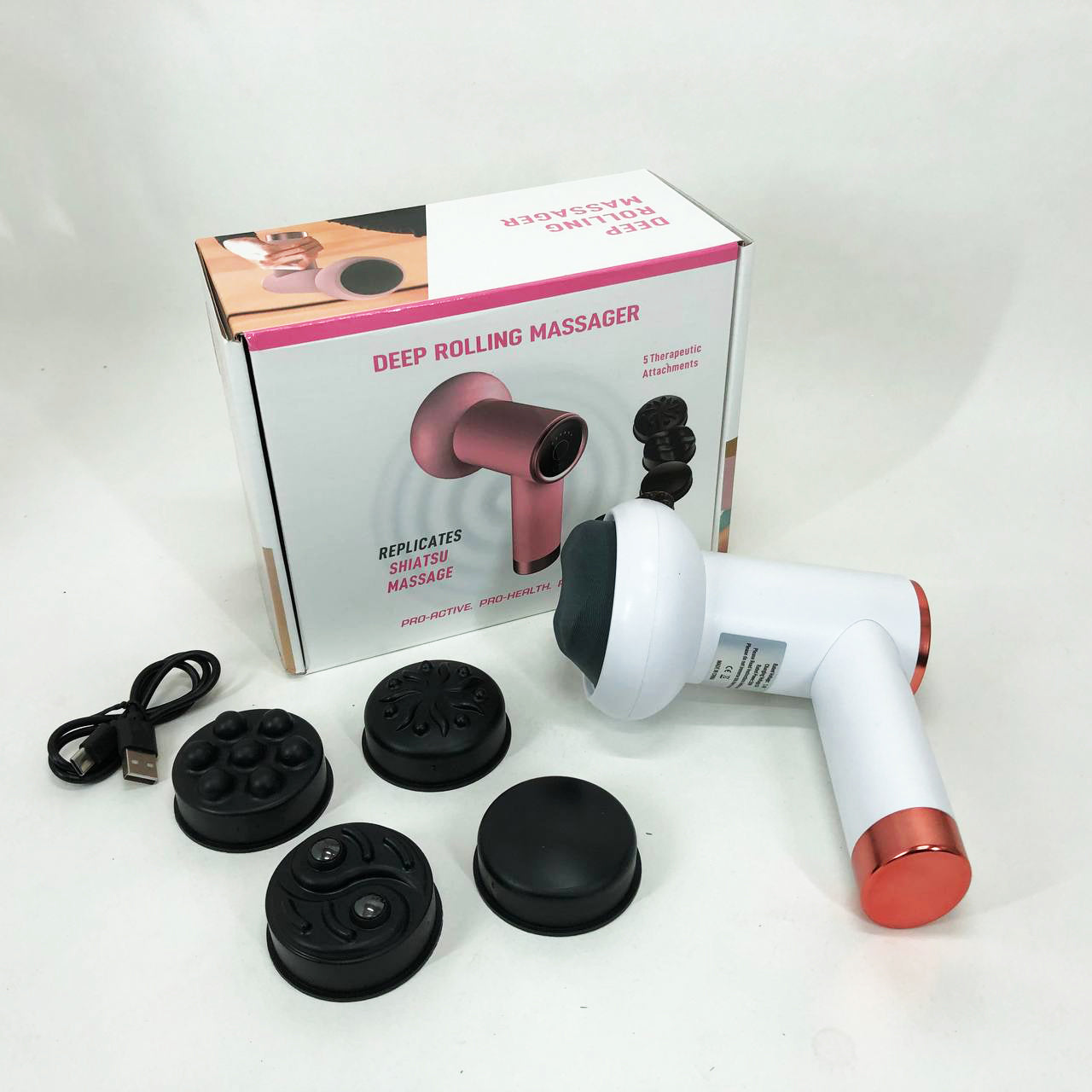 Массажер антицеллюлитный для тела рук и ног 4 насадки 6 скоростей Deep Rolling Massager. Цвет: белый