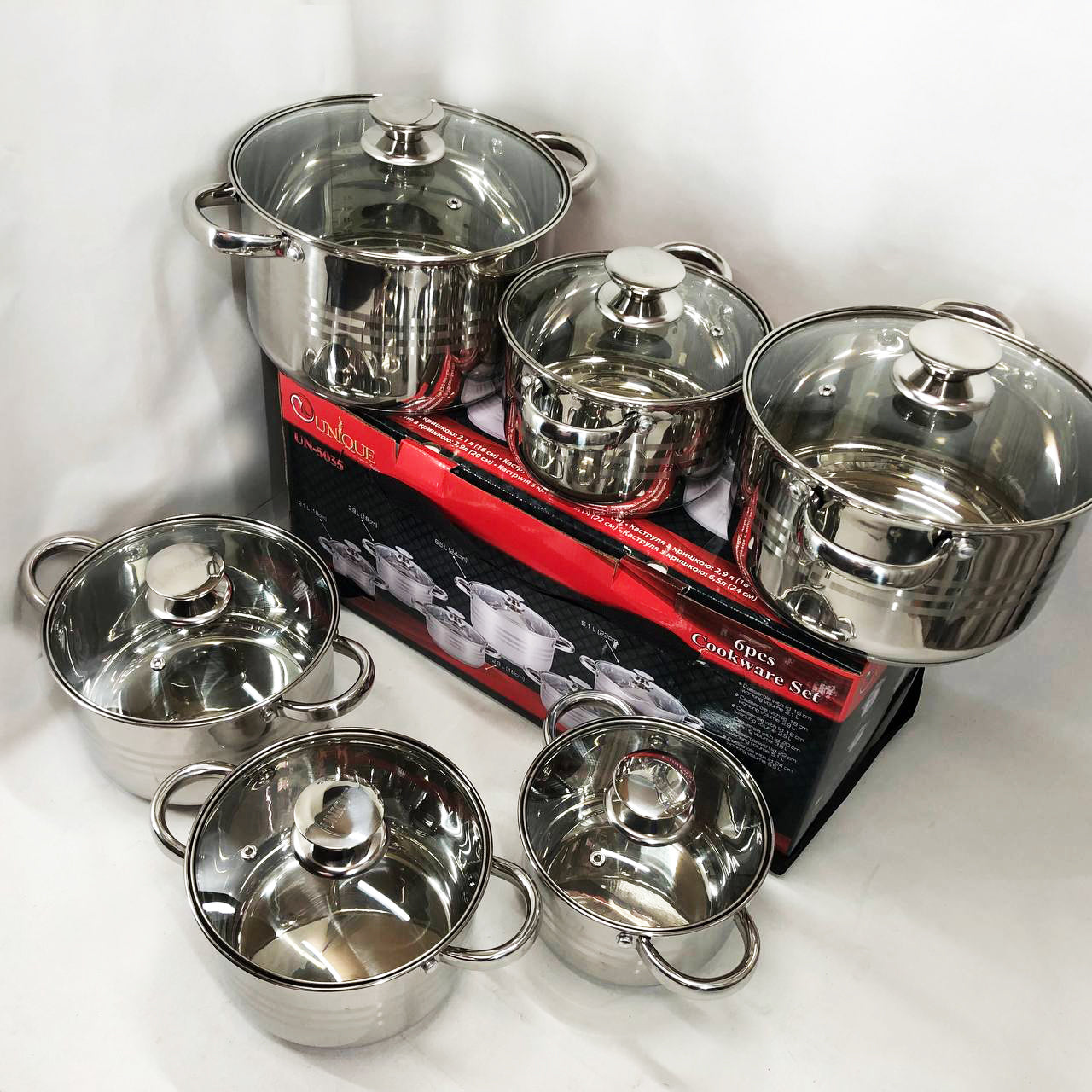 Набор кастрюль UNIQUE UN-5035 из нержавеющей стали с толстым дном в 5 слоев с крышками стеклянными 6 предметов