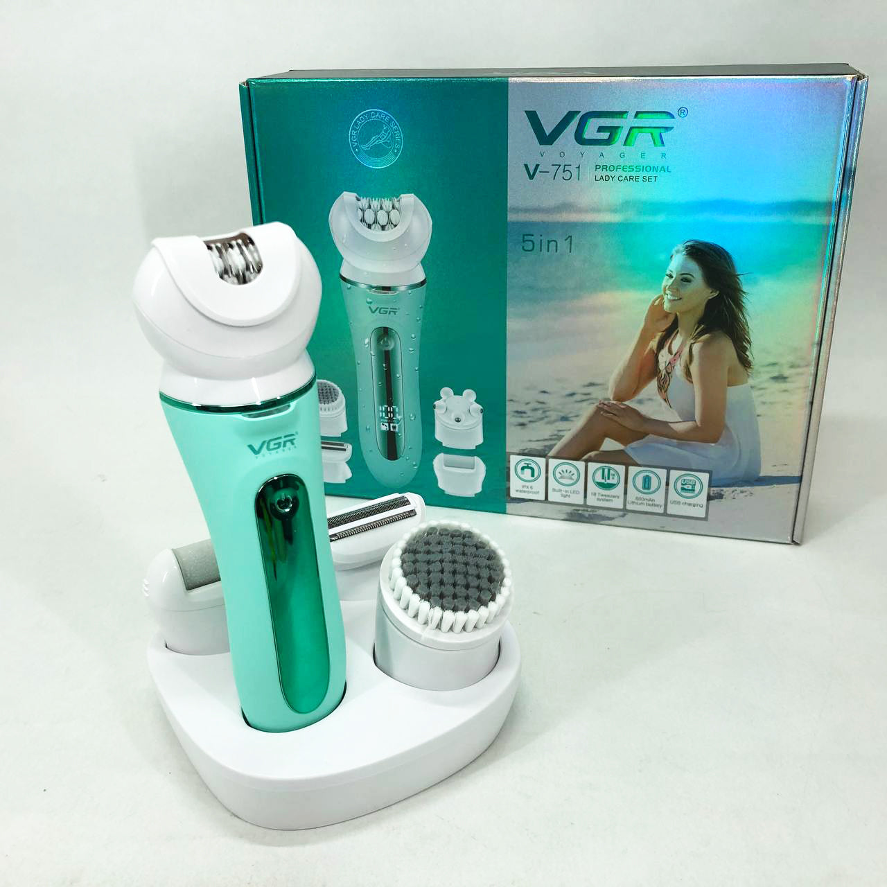 Эпилятор VGR 5 в 1 V-751, 5 насадок. Цвет: зеленый