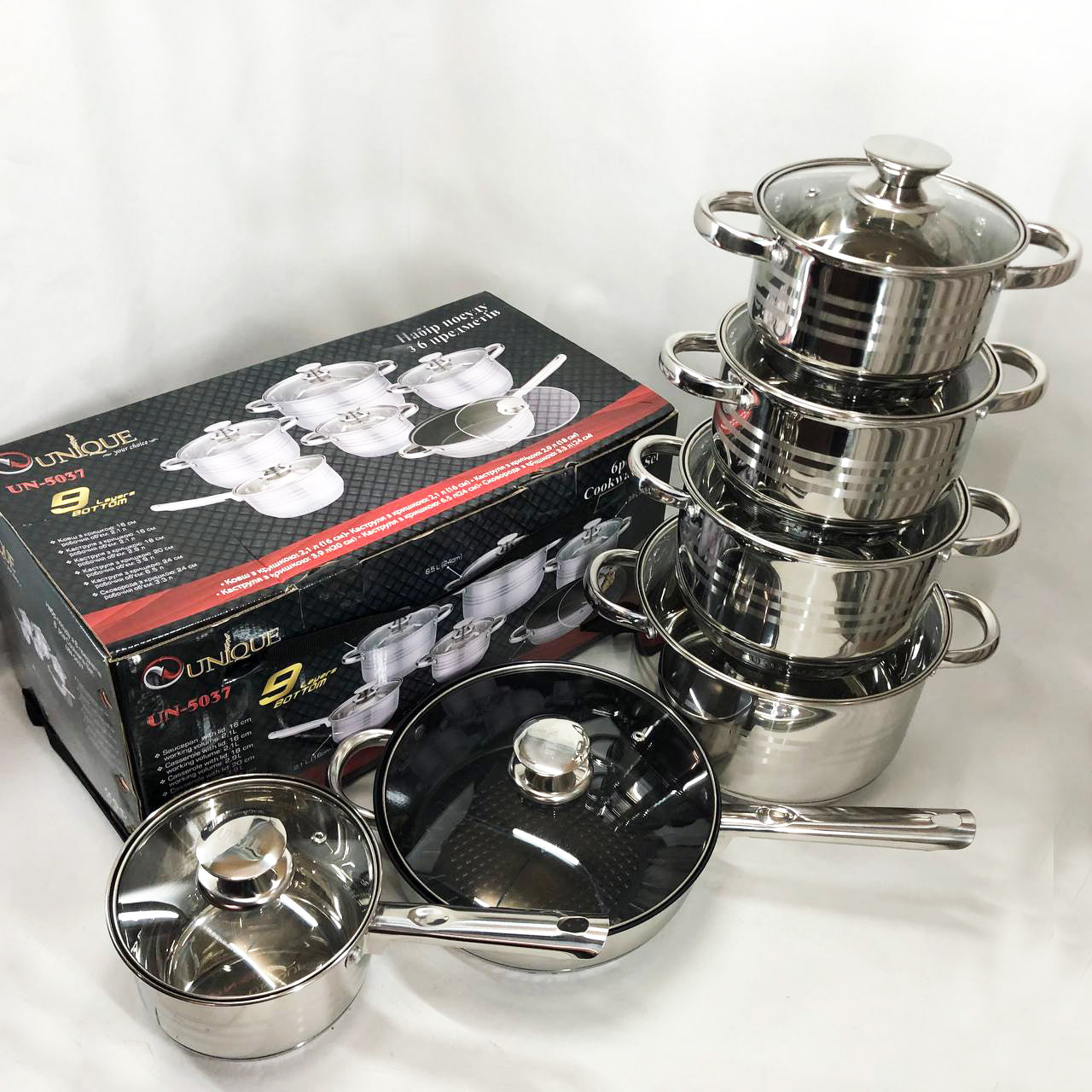Набор посуды UNIQUE UN-5037 12 предметов (16; 16; 18; 20; 24; сковорода 24 см)