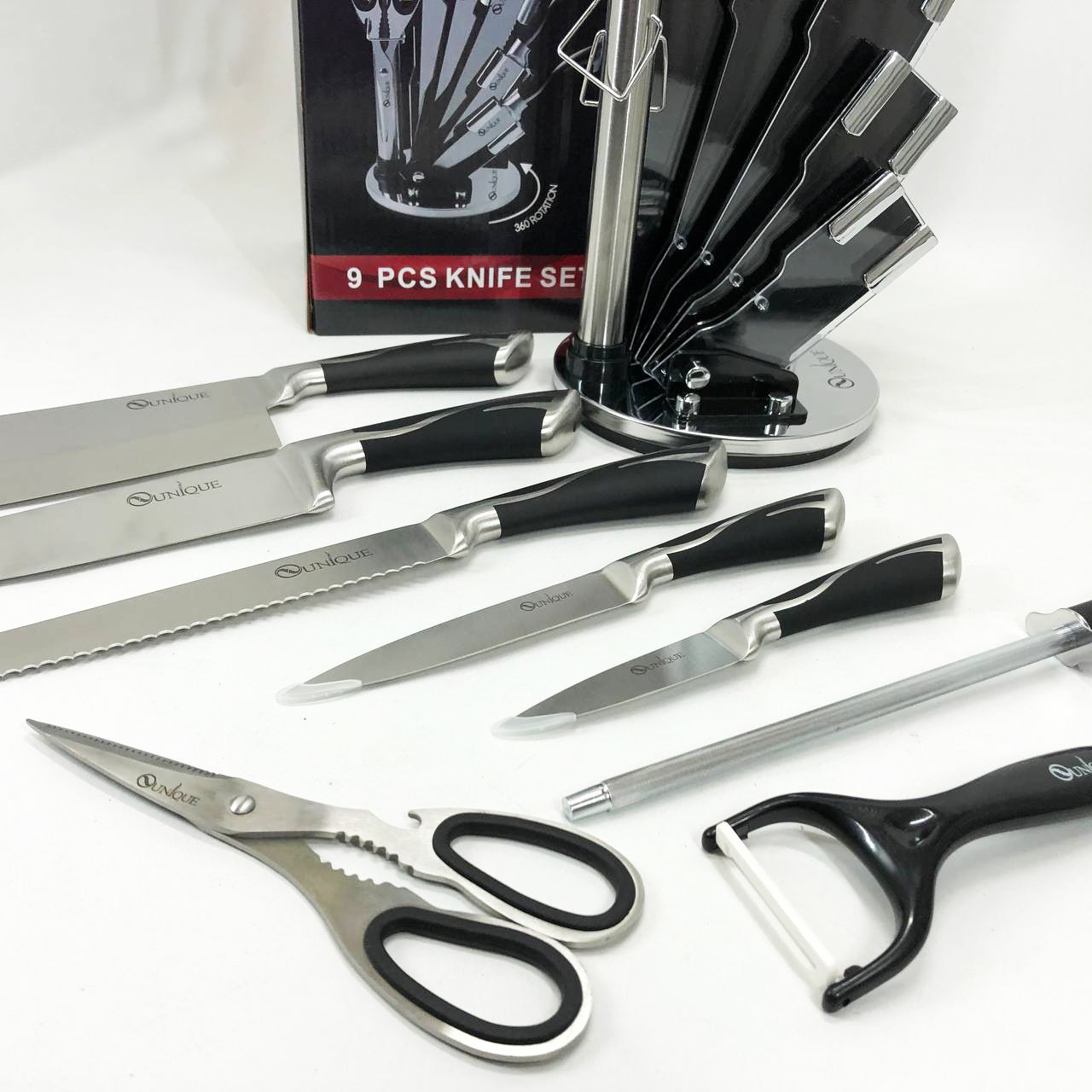 Набор ножей UNIQUE UN-1834 с вращающейся подставкой 9 предметов, Ножи кухонные из нержавеющей стали