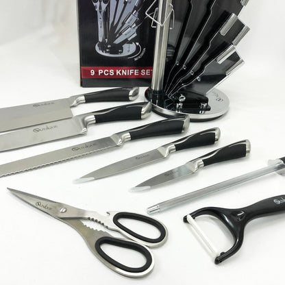 Набор ножей UNIQUE UN-1834 с вращающейся подставкой 9 предметов, Ножи кухонные из нержавеющей стали