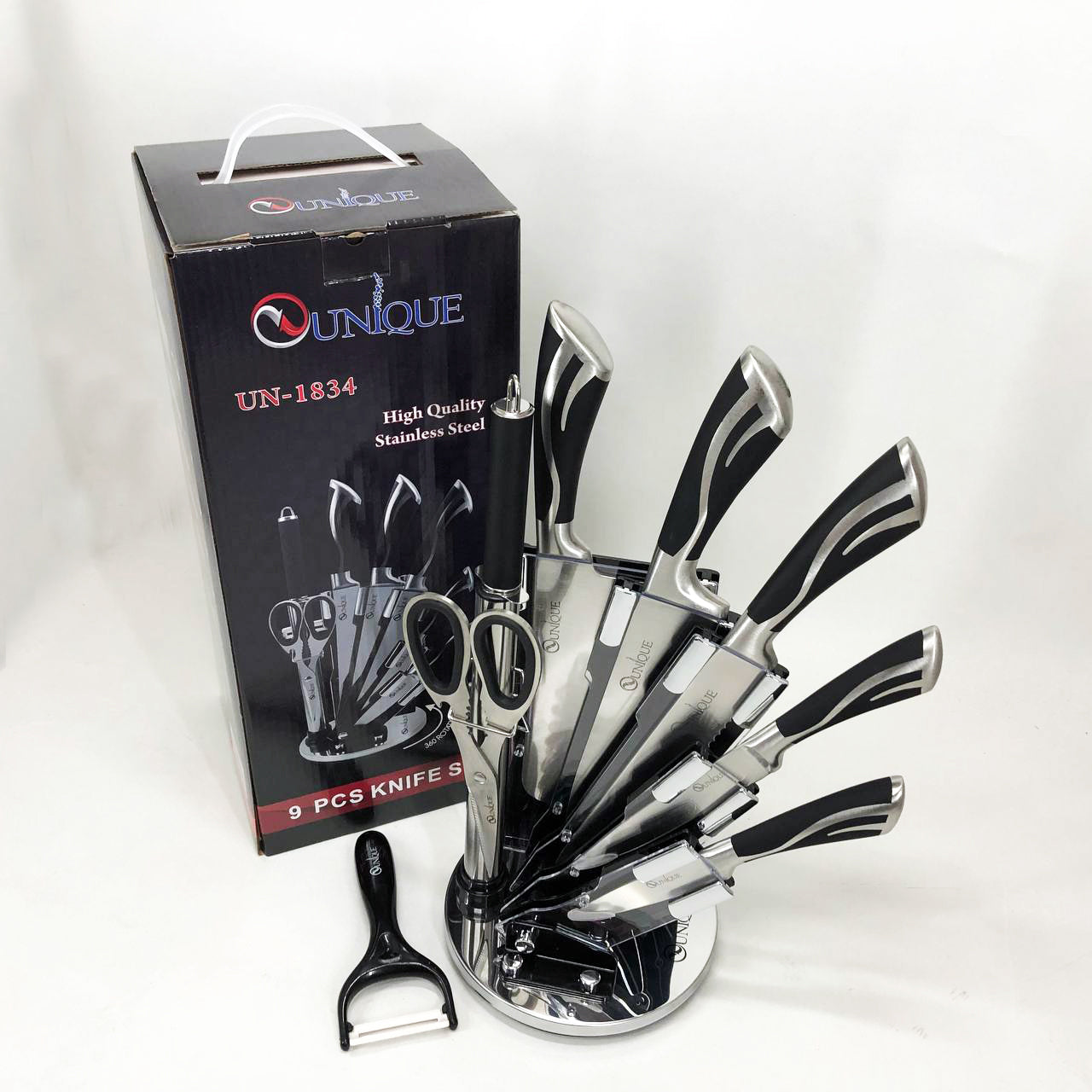 Набор ножей UNIQUE UN-1834 с вращающейся подставкой 9 предметов, Ножи кухонные из нержавеющей стали