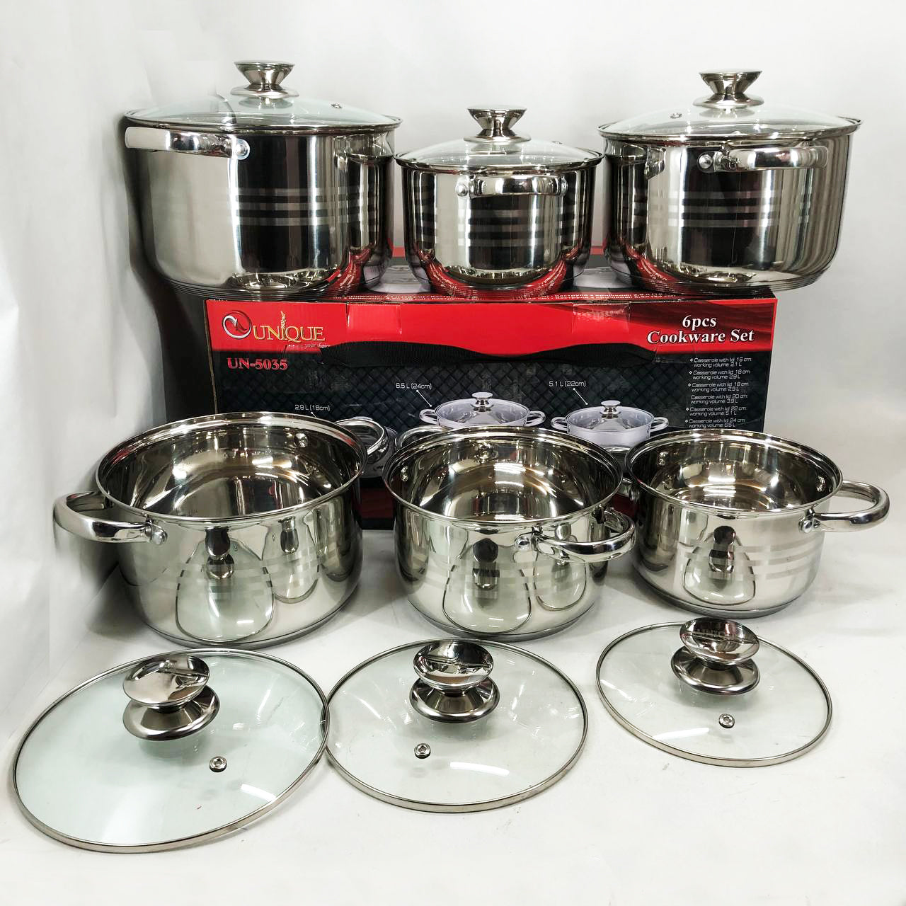 Набор кастрюль UNIQUE UN-5035 из нержавеющей стали с толстым дном в 5 слоев с крышками стеклянными 6 предметов