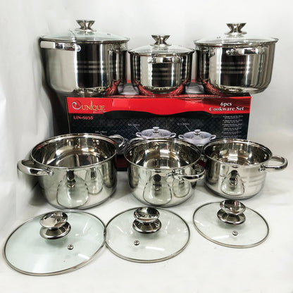 Набор кастрюль UNIQUE UN-5035 из нержавеющей стали с толстым дном в 5 слоев с крышками стеклянными 6 предметов