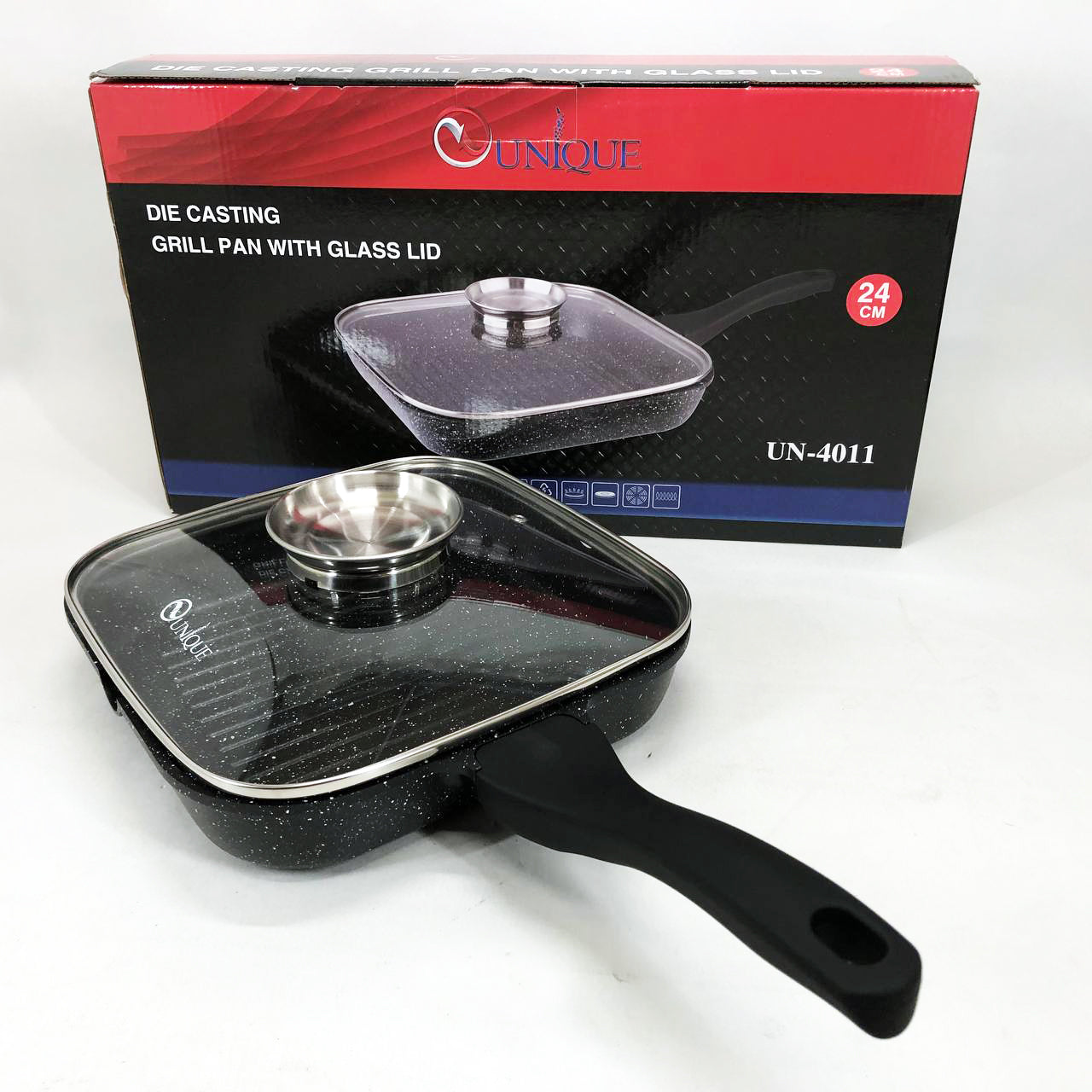 Сковорода-гриль Unique UN-4011 с крышкой 24 см, Сковорода для приготовления на плите с толстым дном