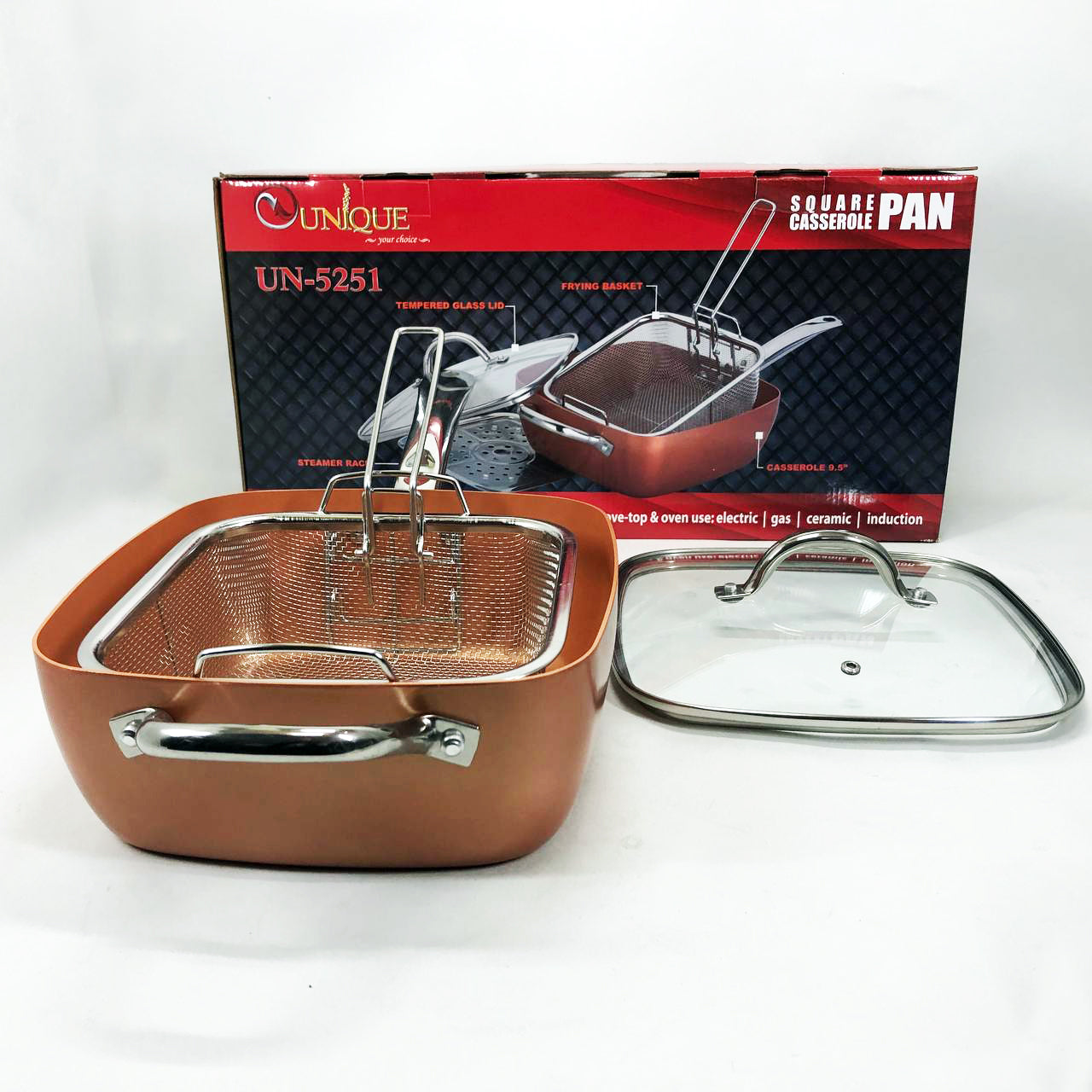 Сковорода-фритюрница UNIQUE UN-5251 квадратная антипригарная с пароваркой и кастрюлей + стеклянная крышка 24 см