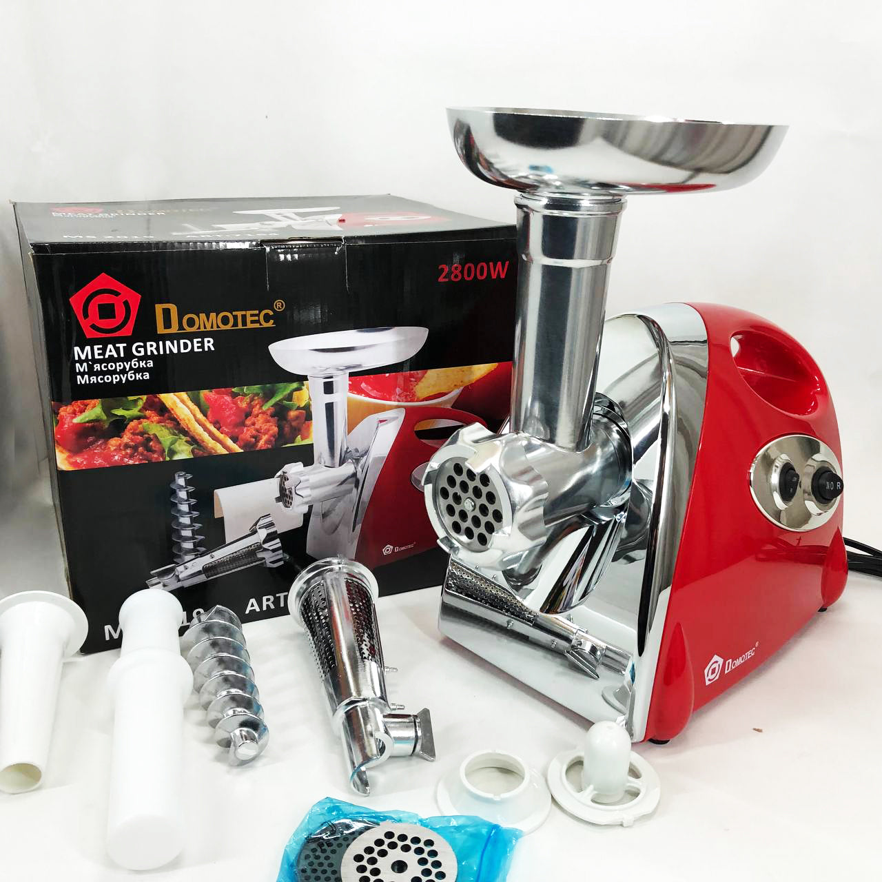Мясорубка электрическая с соковыжималкой Domotec MS-2019 2400W. Цвет: красный