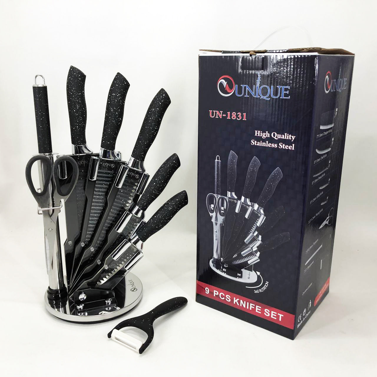 Набор ножей UNIQUE UN-1831, 9 предметов, с подставкой, нержавеющая сталь, с овощечисткой, черный