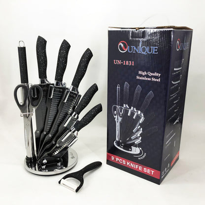 Набор ножей UNIQUE UN-1831, 9 предметов, с подставкой, нержавеющая сталь, с овощечисткой, черный