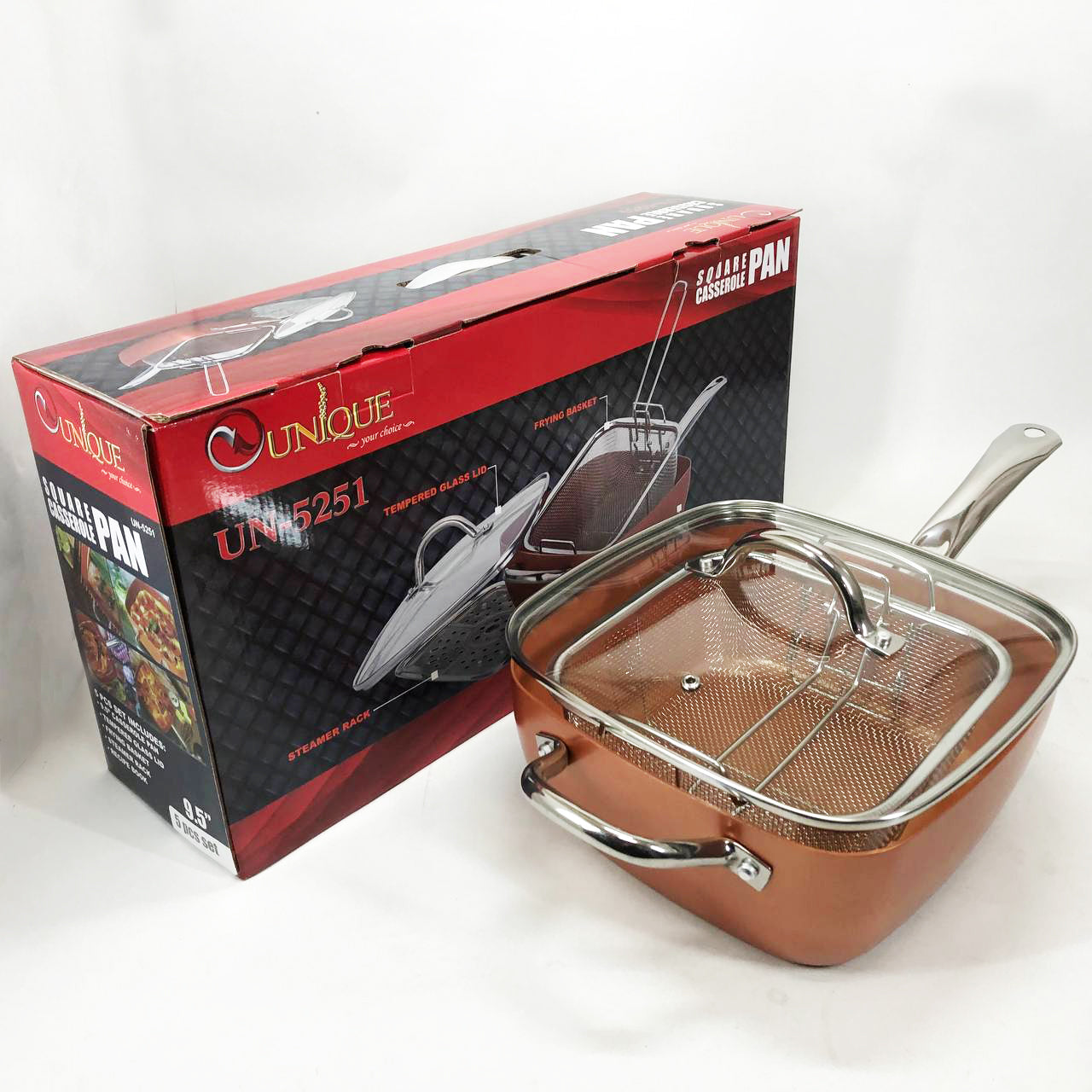 Сковорода-фритюрница UNIQUE UN-5251 квадратная антипригарная с пароваркой и кастрюлей + стеклянная крышка 24 см