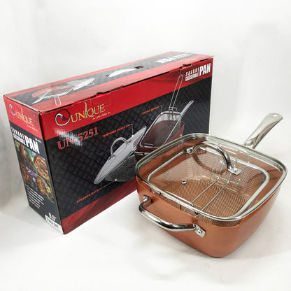 Сковорода-фритюрница UNIQUE UN-5251 квадратная антипригарная с пароваркой и кастрюлей + стеклянная крышка 24 см