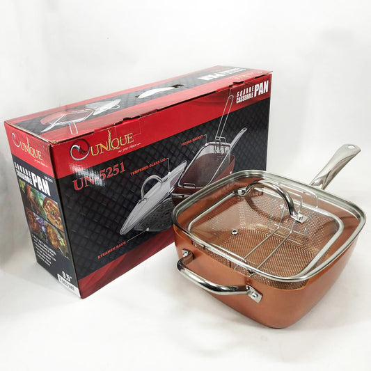 Сковорода-фритюрница UNIQUE UN-5251 квадратная антипригарная с пароваркой и кастрюлей + стеклянная крышка 24 см