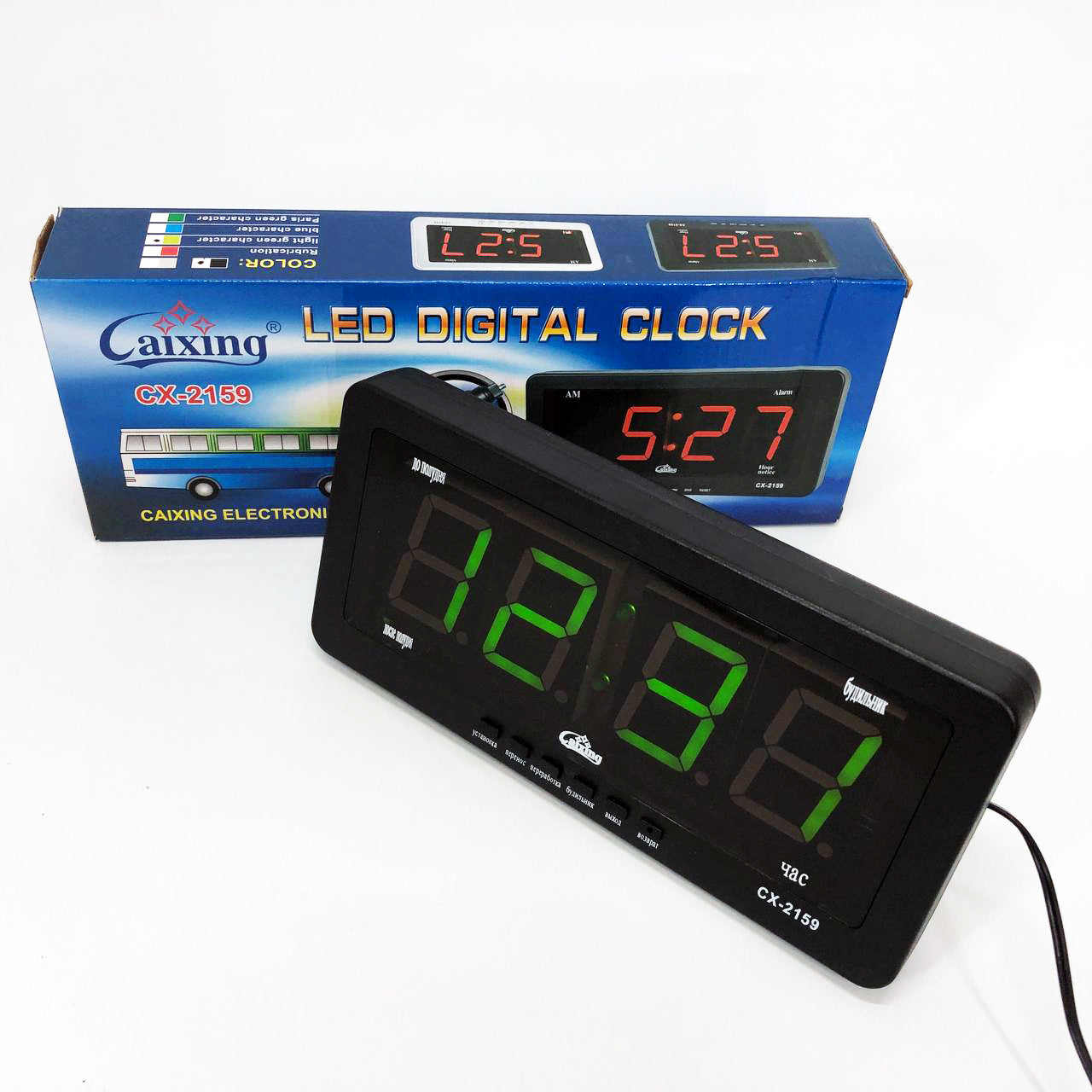 Часы электронные Caixing CX 2159 12В 220В Настольные Настенные Будильник Черный корпус Зеленые цифры