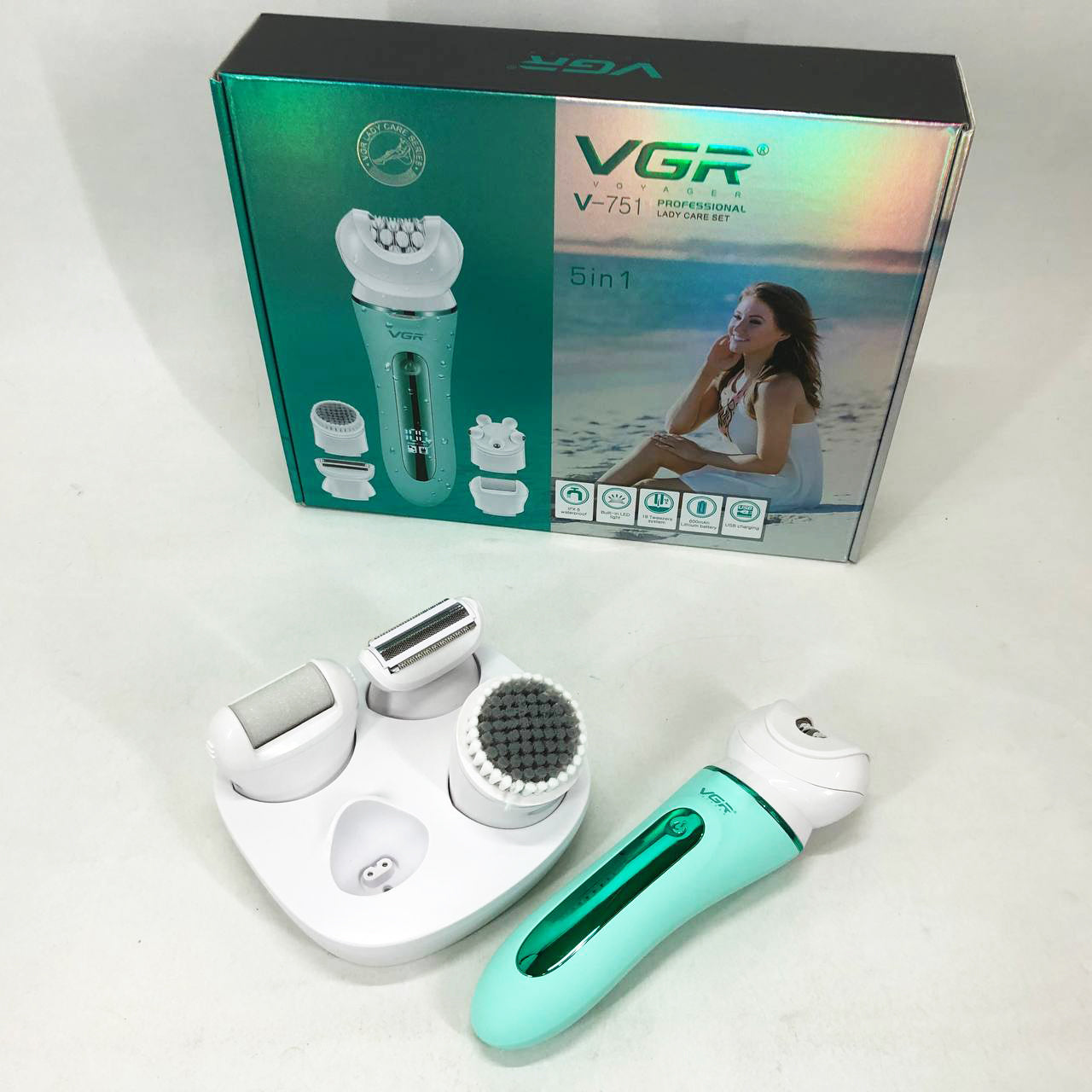 Эпилятор VGR 5 в 1 V-751, 5 насадок. Цвет: зеленый