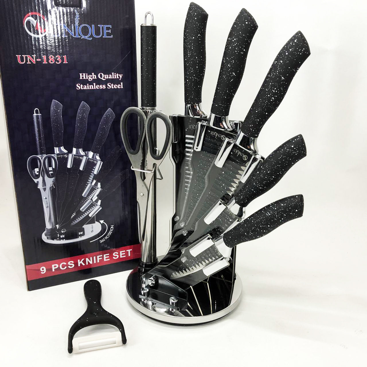 Набор ножей UNIQUE UN-1831, 9 предметов, с подставкой, нержавеющая сталь, с овощечисткой, черный