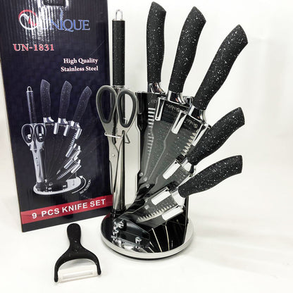 Набор ножей UNIQUE UN-1831, 9 предметов, с подставкой, нержавеющая сталь, с овощечисткой, черный