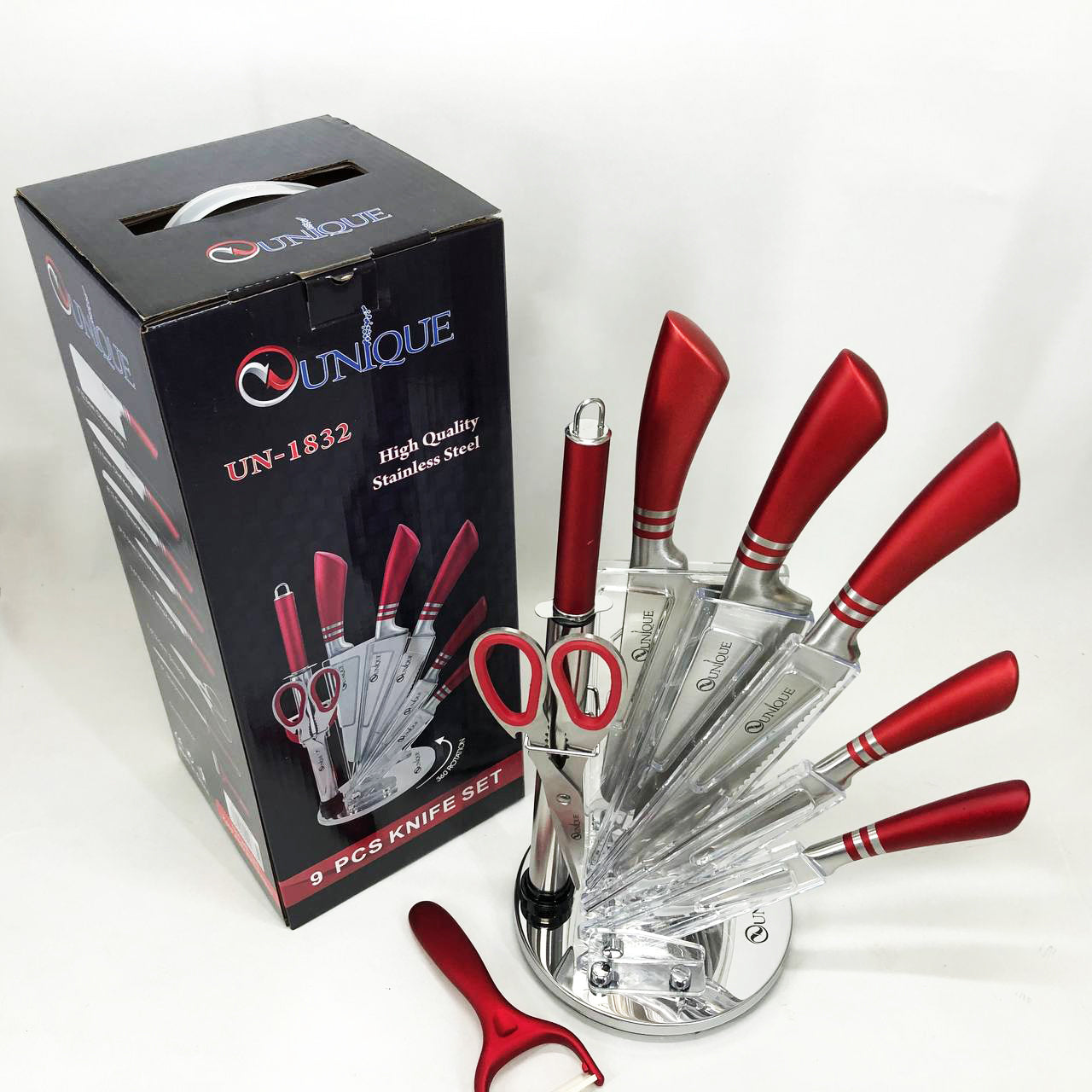 Набор ножей UNIQUE UN-1832 с подставкой 9 предметов овощечистка точилка ножницы Нержавеющая сталь