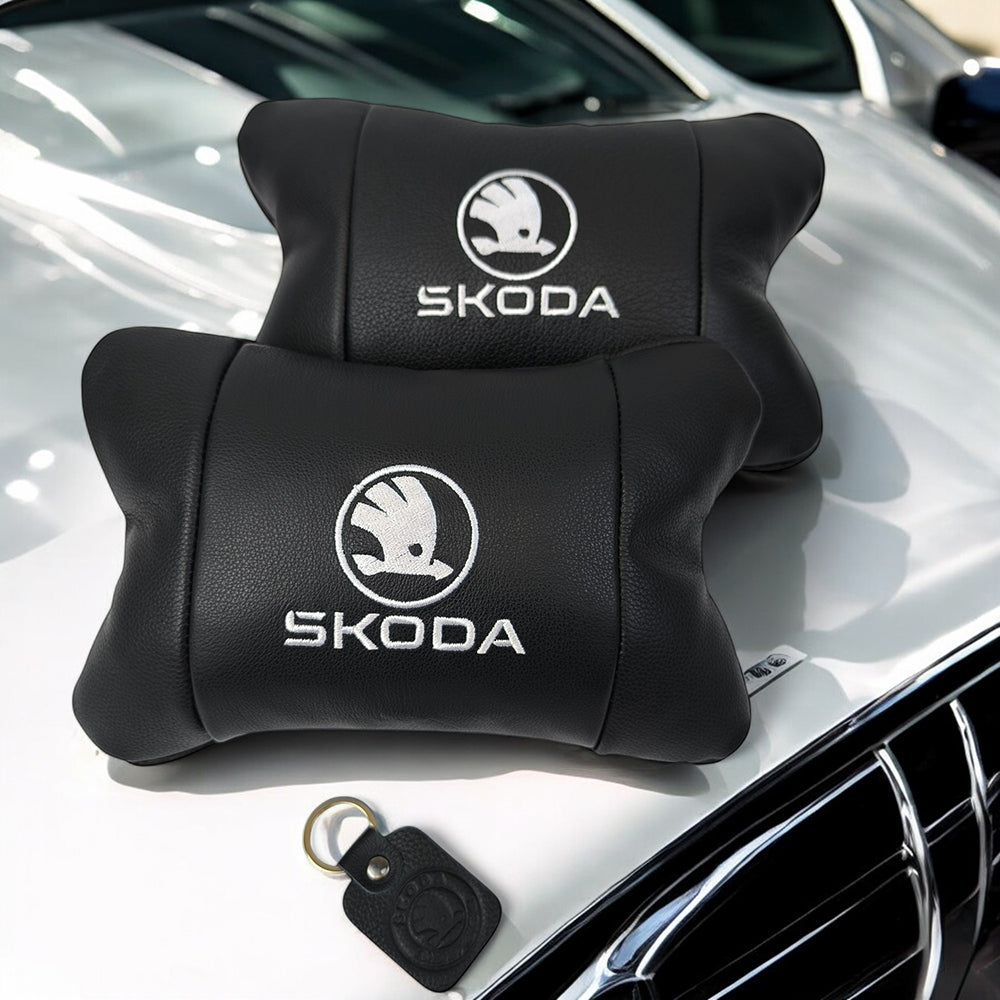 Автомобильные подушки 2 шт на подголовник Skoda / Вред, из натуральной кожи, стильный аксессуар для вашего авто