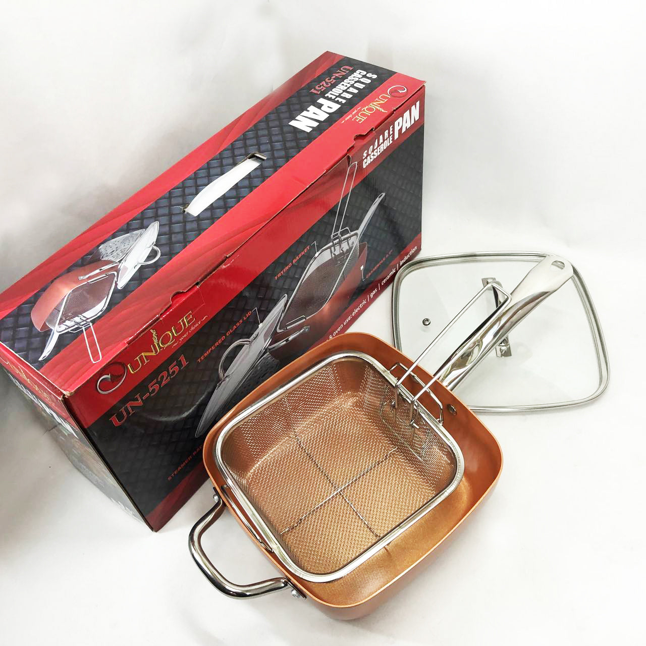 Сковорода-фритюрница UNIQUE UN-5251 квадратная антипригарная с пароваркой и кастрюлей + стеклянная крышка 24 см