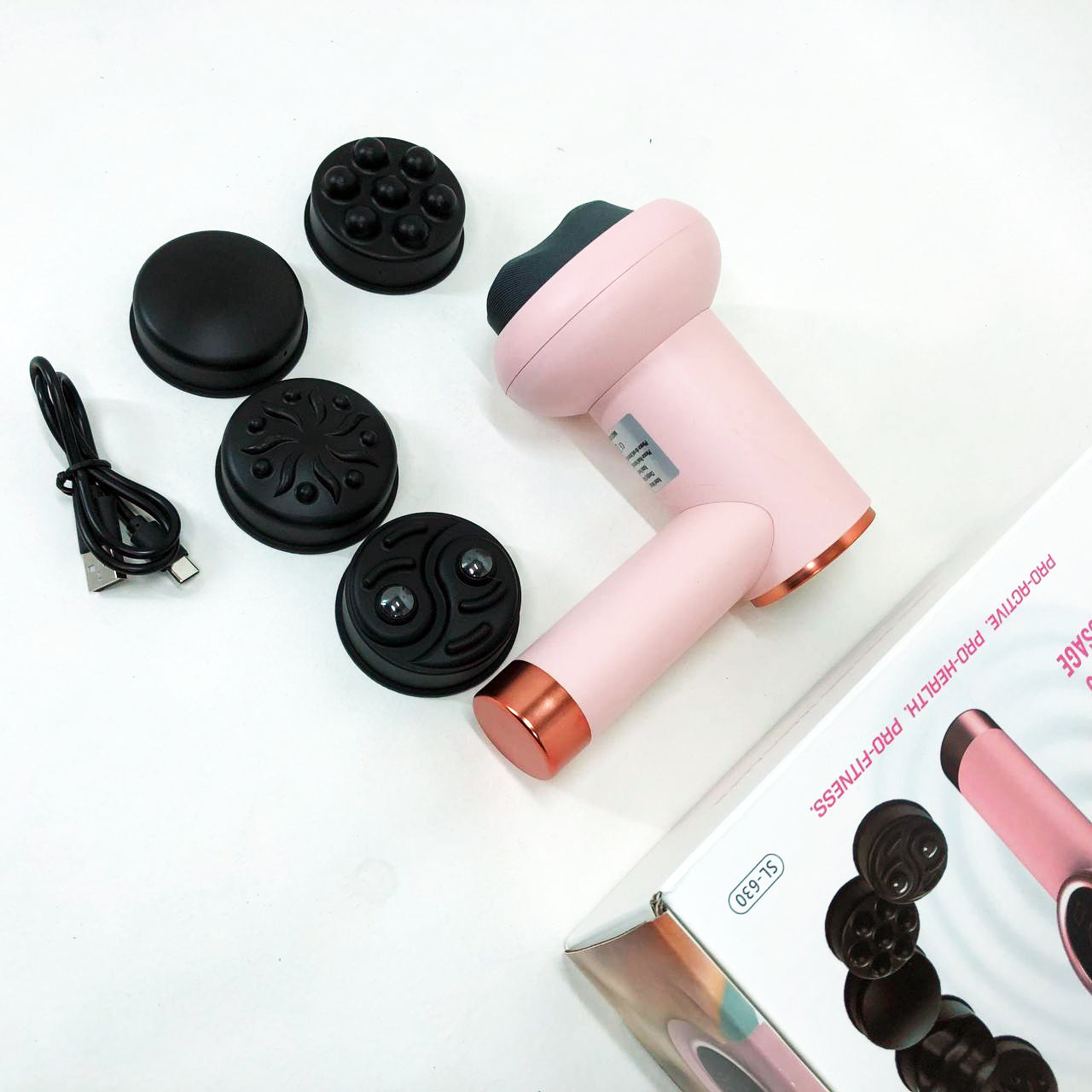 Массажер антицеллюлитный для тела рук и ног 4 насадки 6 скоростей Deep Rolling Massager. Цвет: розовый