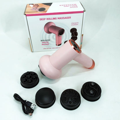 Массажер антицеллюлитный для тела рук и ног 4 насадки 6 скоростей Deep Rolling Massager. Цвет: розовый