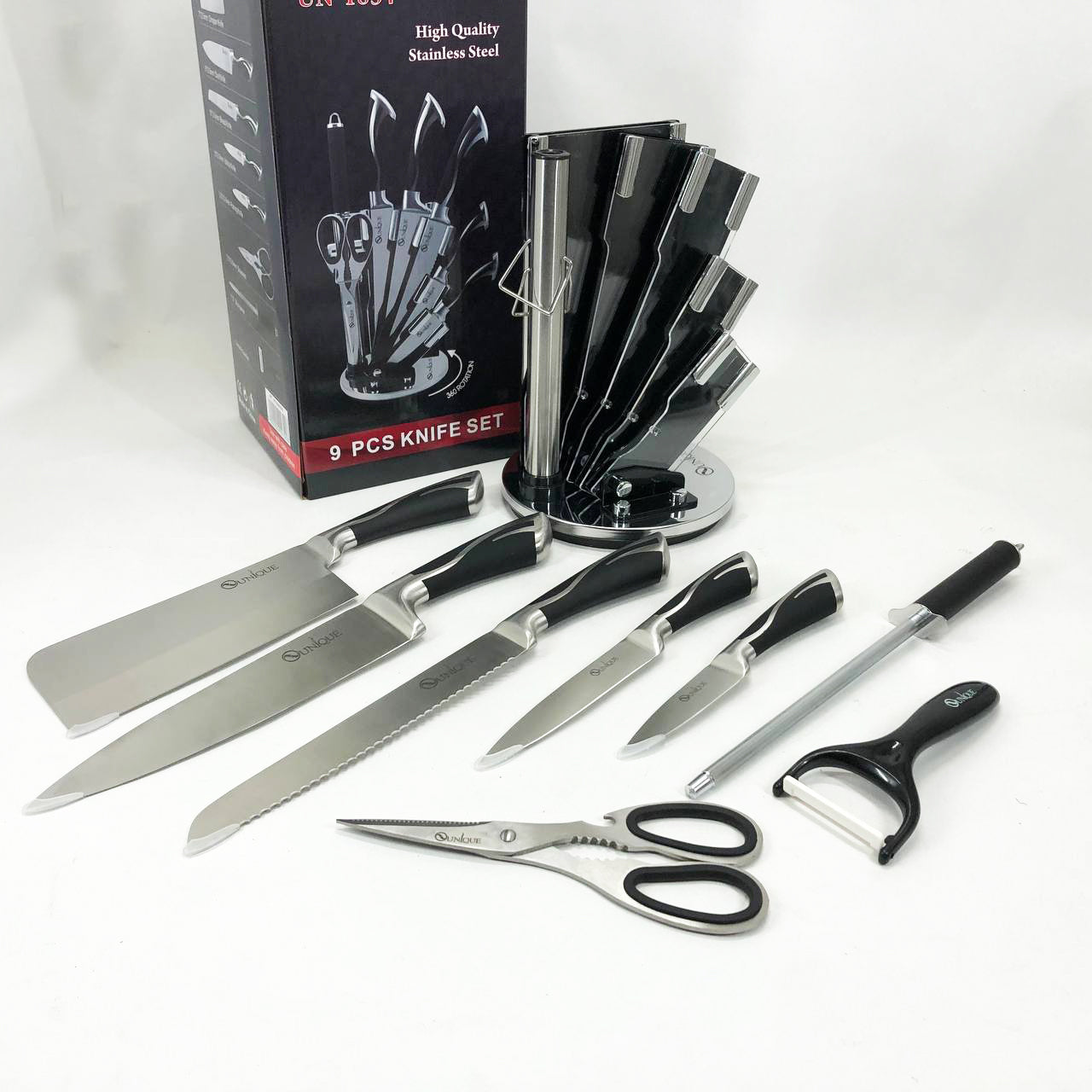 Набор ножей UNIQUE UN-1834 с вращающейся подставкой 9 предметов, Ножи кухонные из нержавеющей стали