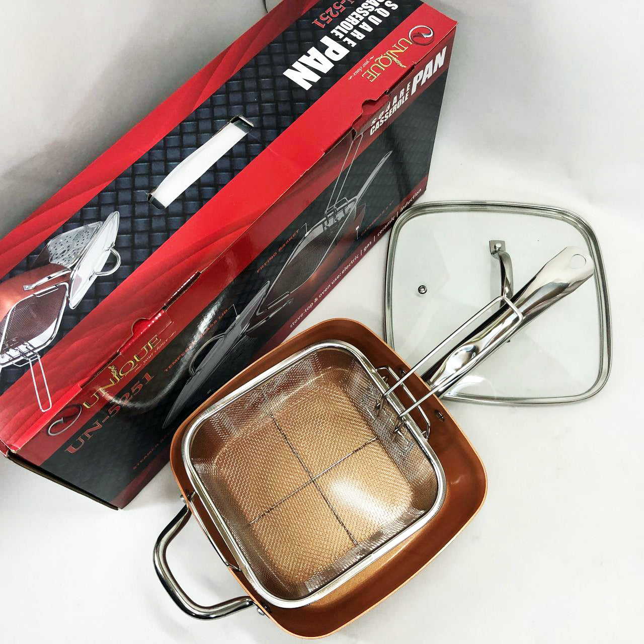 Сковорода-фритюрница UNIQUE UN-5251 квадратная антипригарная с пароваркой и кастрюлей + стеклянная крышка 24 см