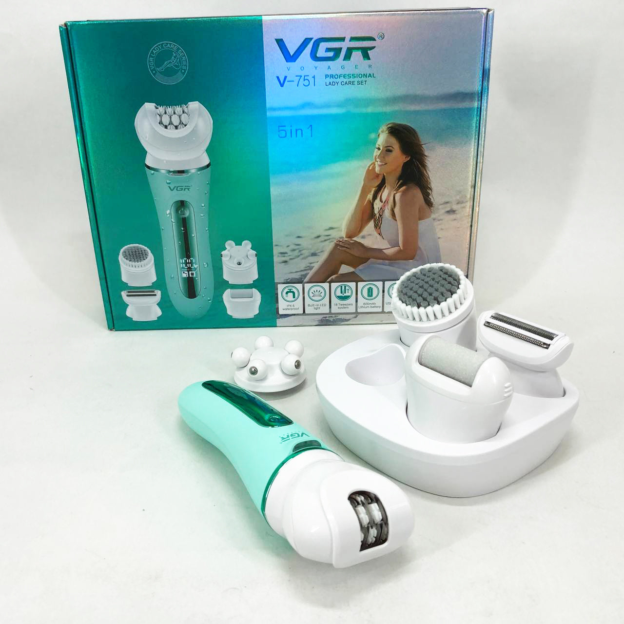 Эпилятор VGR 5 в 1 V-751, 5 насадок. Цвет: зеленый